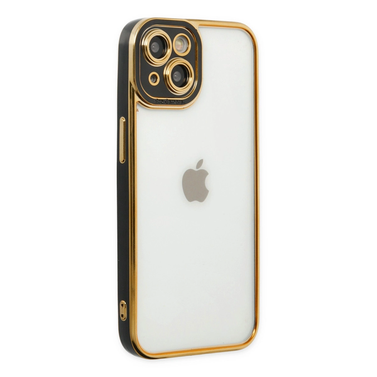 Altın çerçeveli iPhone kılıfı, şeffaf arka ve üçlü kamera.