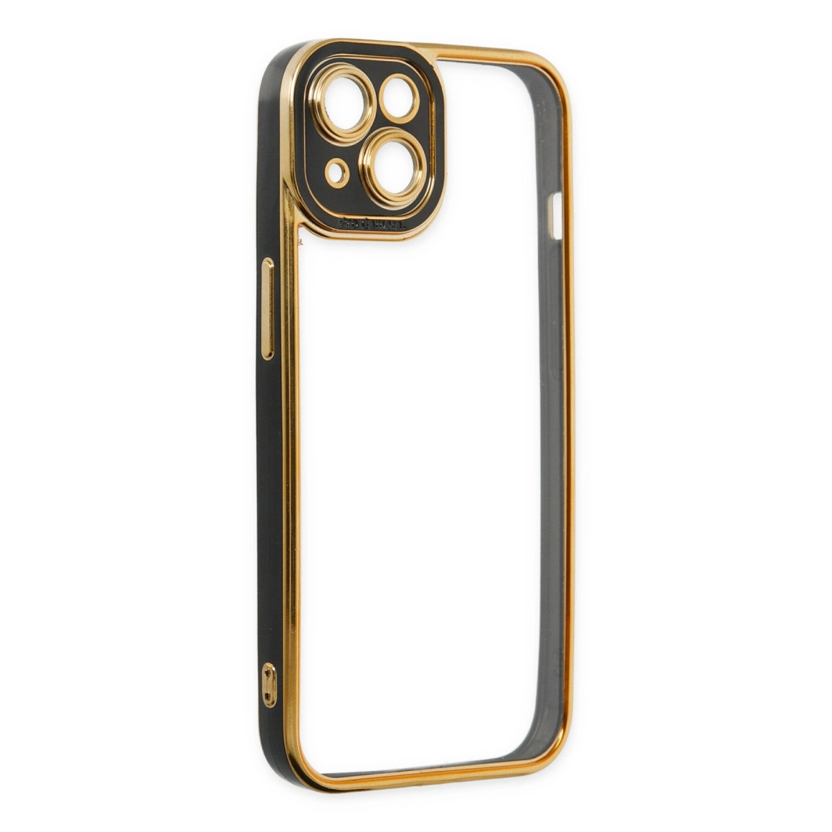 Kamera için şeffaf arkalı, siyah ve altın iPhone kılıfı.