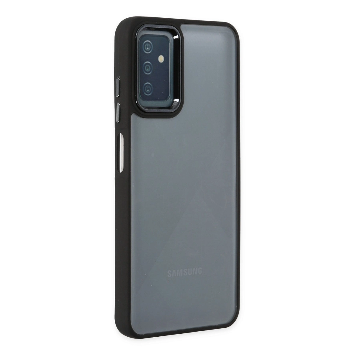 Şeffaf arka, kamera kesimi ve Samsung logosu olan siyah kılıf.