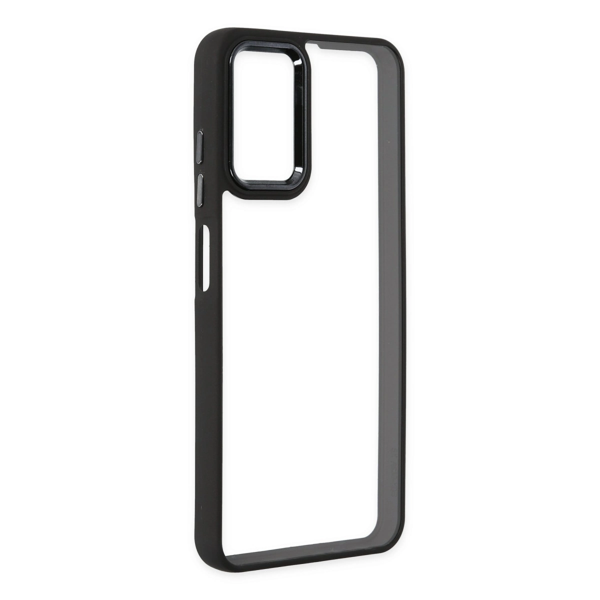 Kamera kesimli siyah, şeffaf telefon kılıfı. Beyaz arka plan.