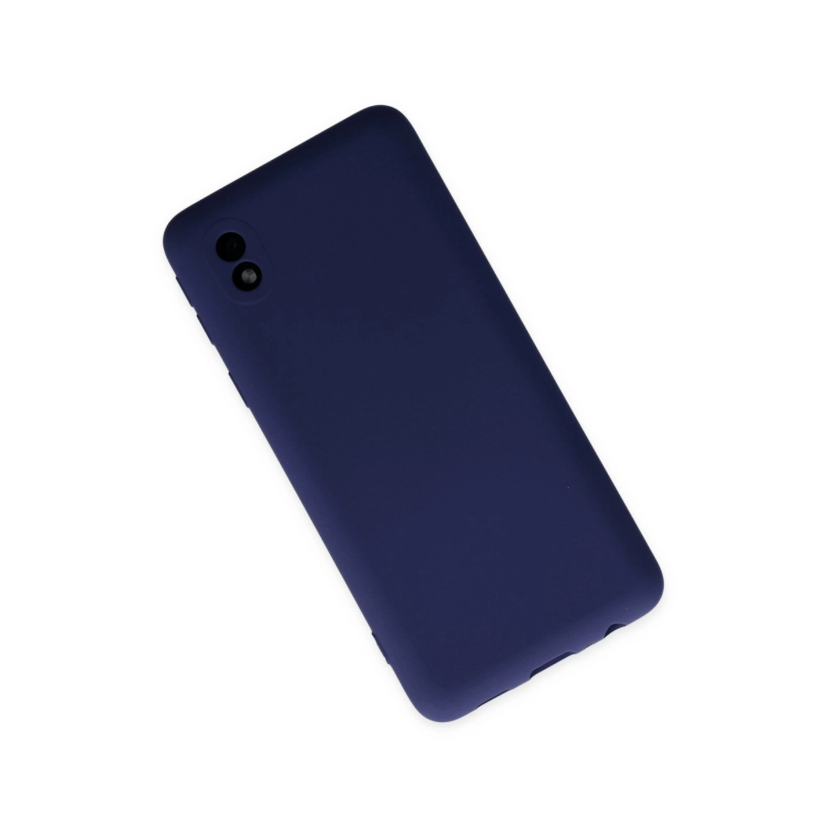 Koyu mavi akıllı telefon, iki arka kamerası beyaz arka planda.