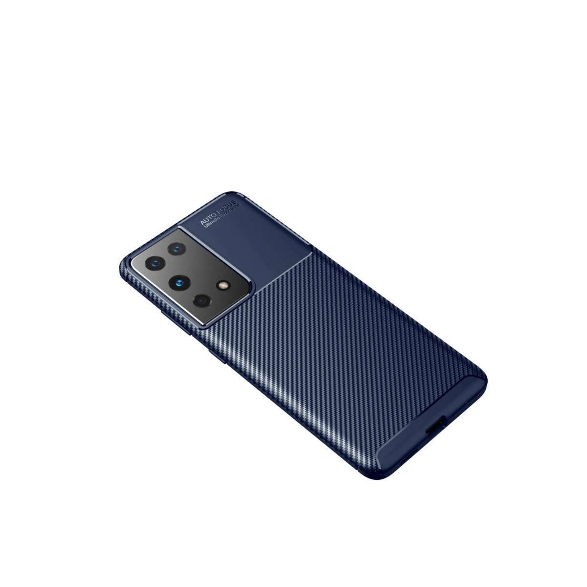 Karbon fiber dokulu, dört kameralı koyu mavi telefon kılıfı.