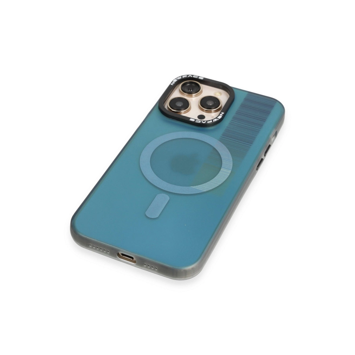 Mıknatıslı halkalı ve üç kamera lensli turkuaz telefon kılıfı.