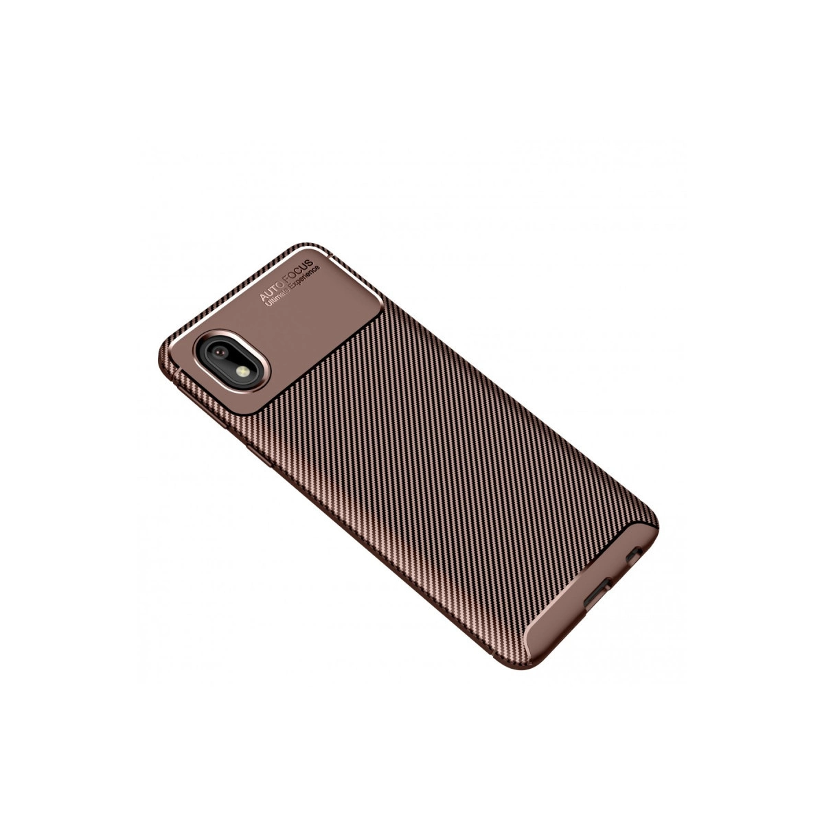 Karbon fiber desenli ve tek kamera açıklığına sahip kahverengi telefon kılıfı.