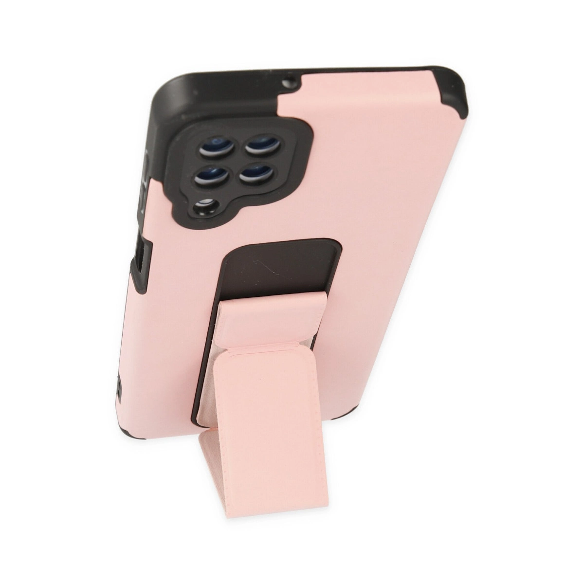 Standlı pembe telefon kılıfı, siyah kamera yuvası ve dört lens.