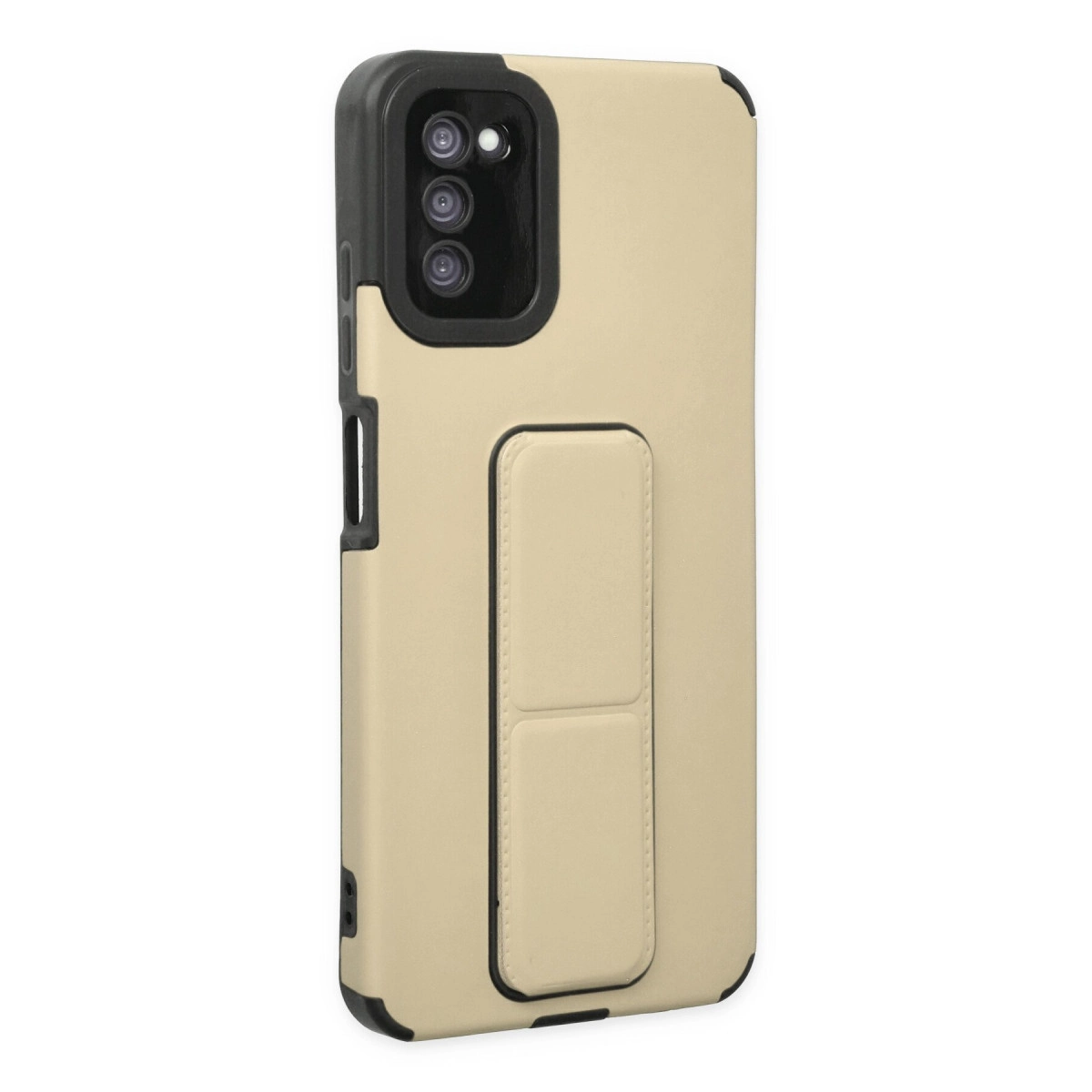 Entegre stantlı, siyah kamera çerçeveli bej telefon kılıfı.