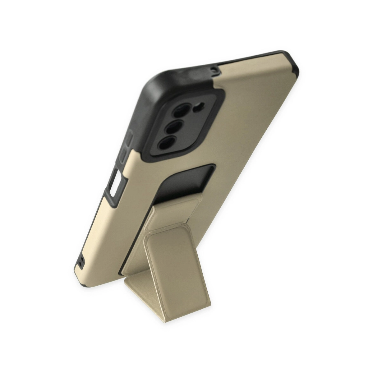 Entegre stantlı bej telefon kılıfı, beyaz arka planda.