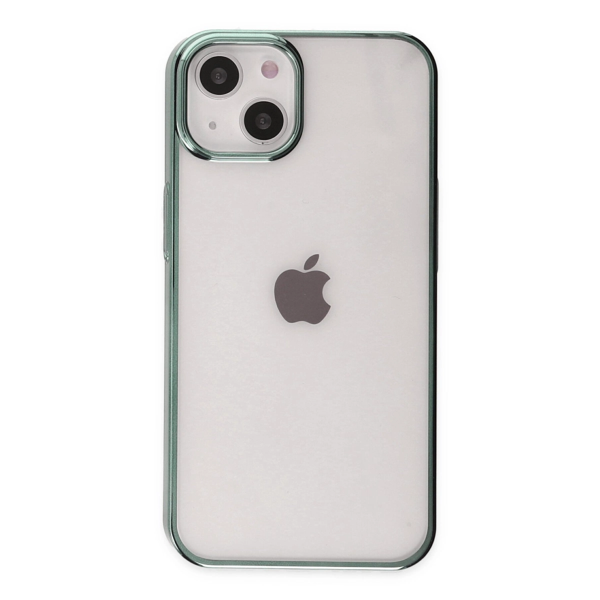 Yeşil kenarlıklı ve Apple logosu bulunan şeffaf iPhone'un arkası.