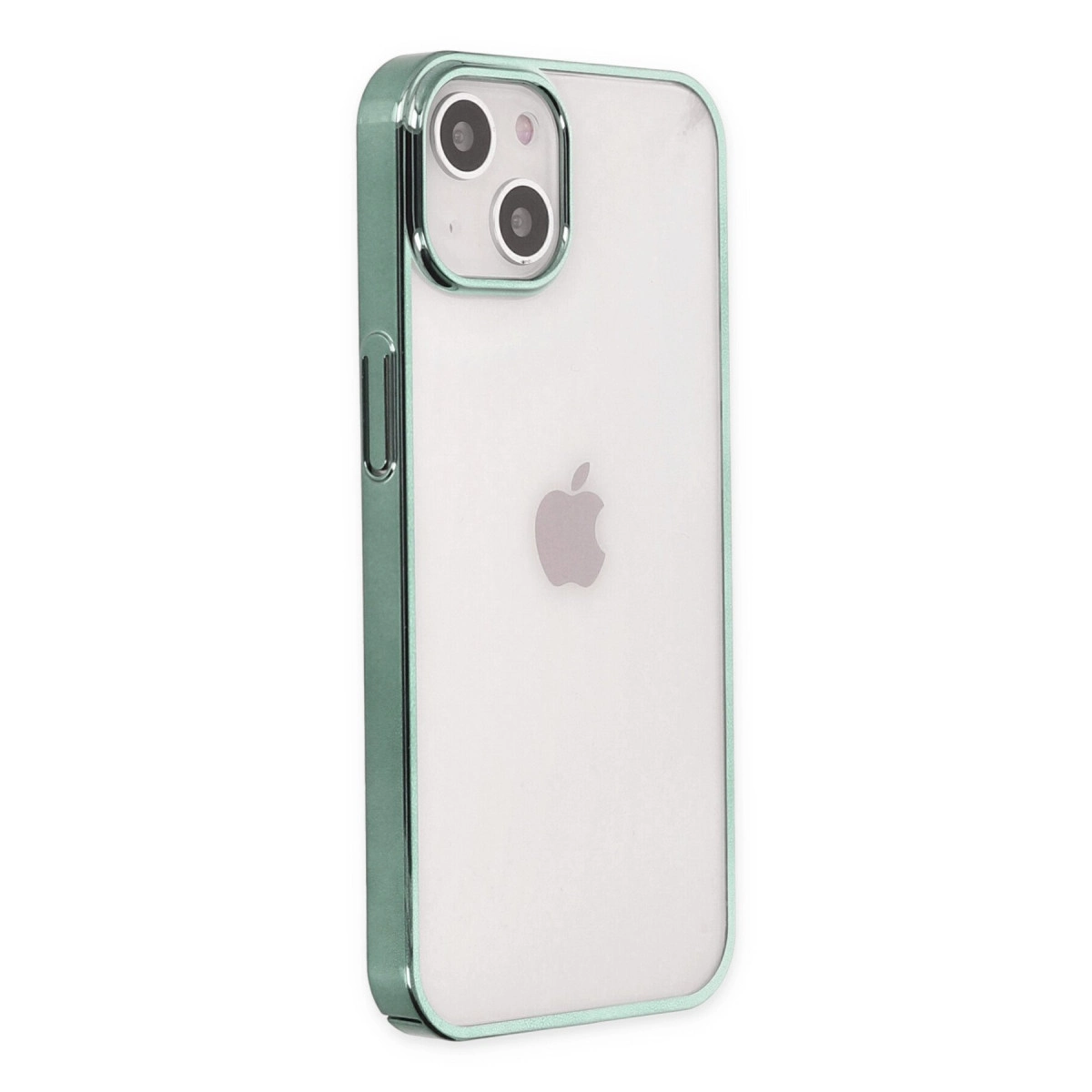 Şeffaf arka ve kamera modülüne sahip yeşil iPhone kılıfı.