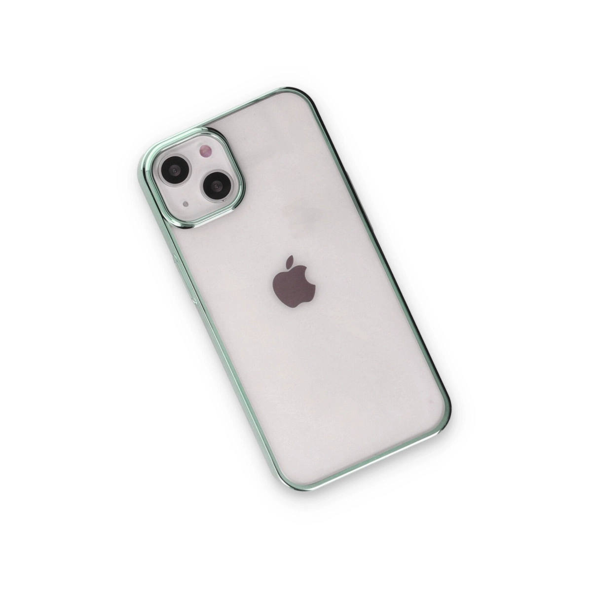 Beyaz arka plan üzerinde yeşil kenarlı ve kameralı şeffaf iPhone.