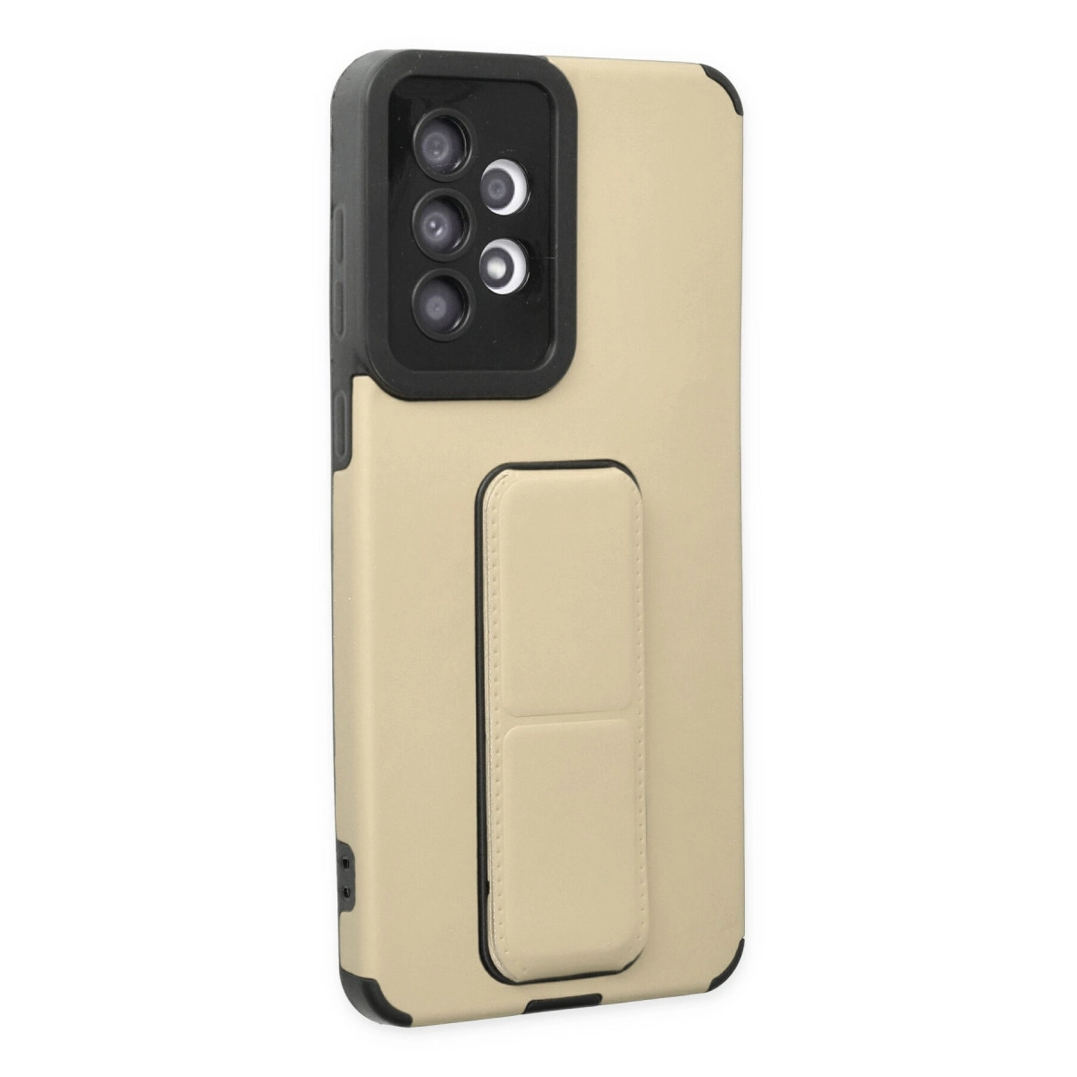 Entegre tutuculu, siyah kamera modüllü bej telefon kılıfı.