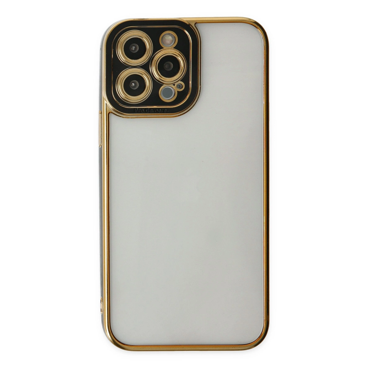 Altın çerçeveli beyaz telefon kılıfı ve dört lensli kamera modülü.