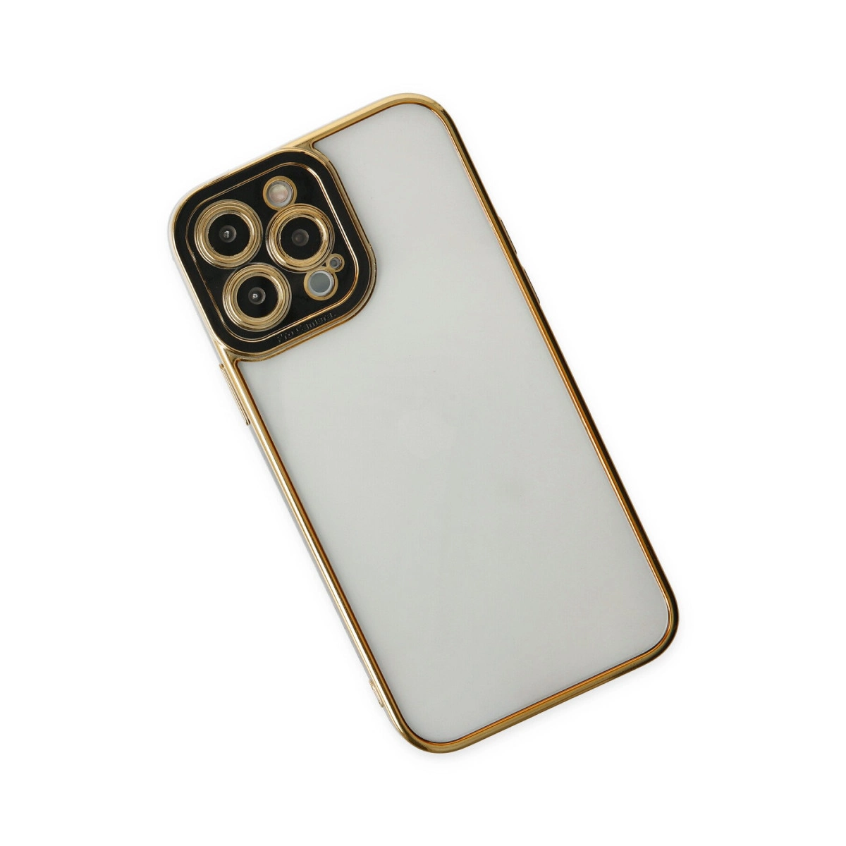 Dört lensli kare kamera çıkıntısına sahip altın çerçeveli beyaz iPhone kılıfı.