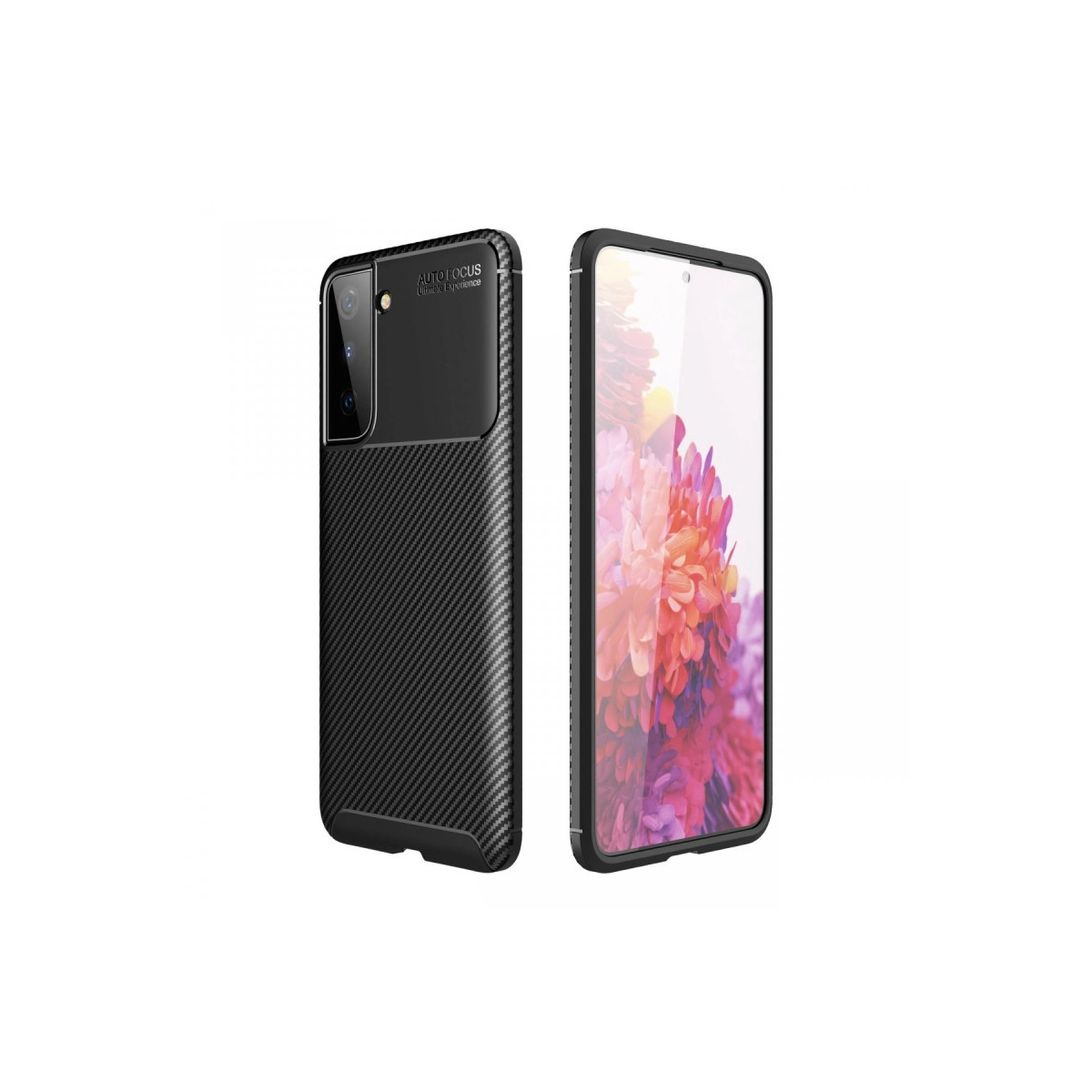 Siyah karbon desenli telefon kılıfı ve renkli çiçekli duvar kağıdına sahip akıllı telefon.