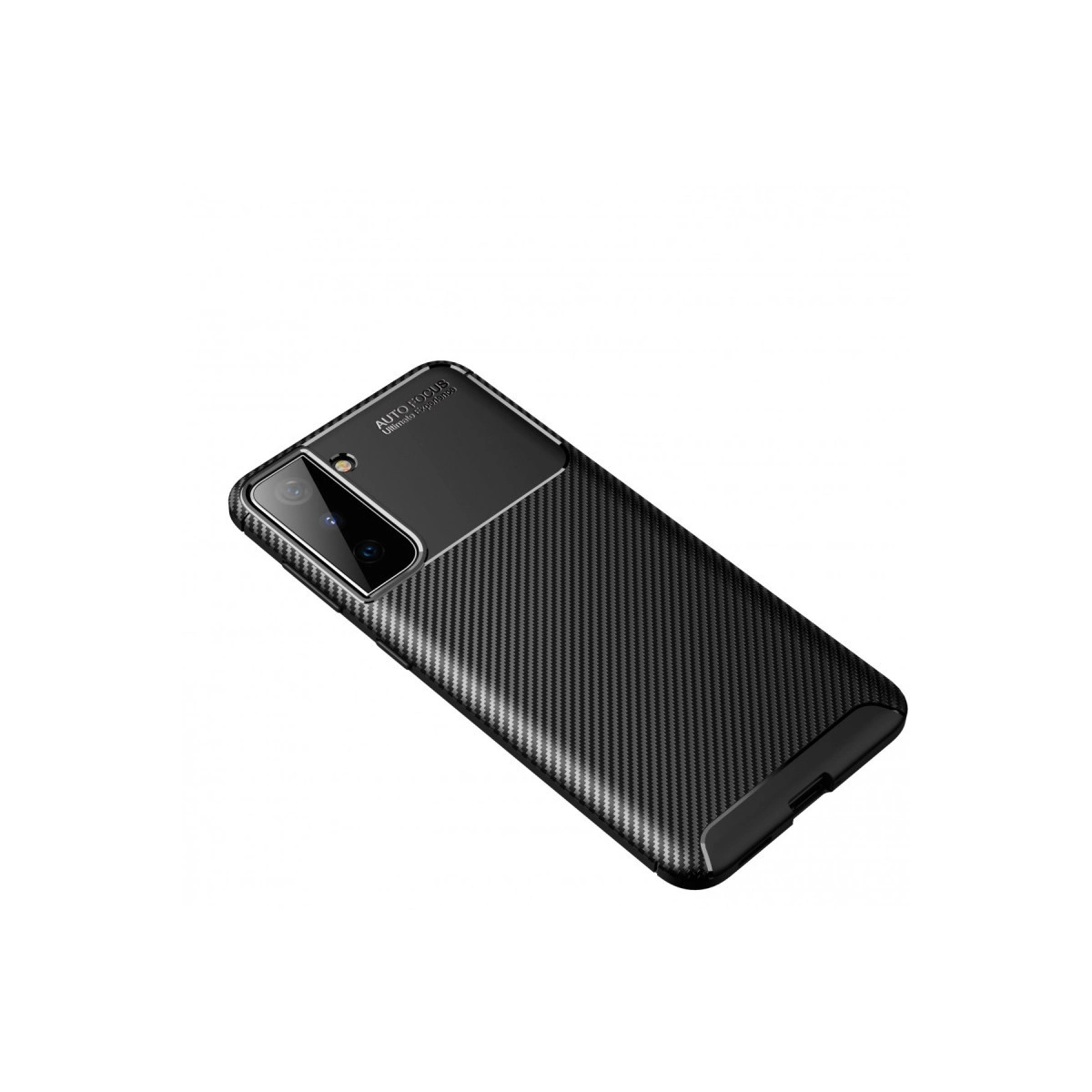 Karbon fiber dokulu siyah telefon kılıfı, "Otomatik Odaklama" yazılı kamera modülü.