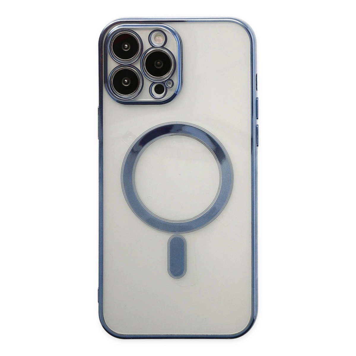 Mavi çerçeveli ve kamera modüllü şeffaf telefon kılıfı.