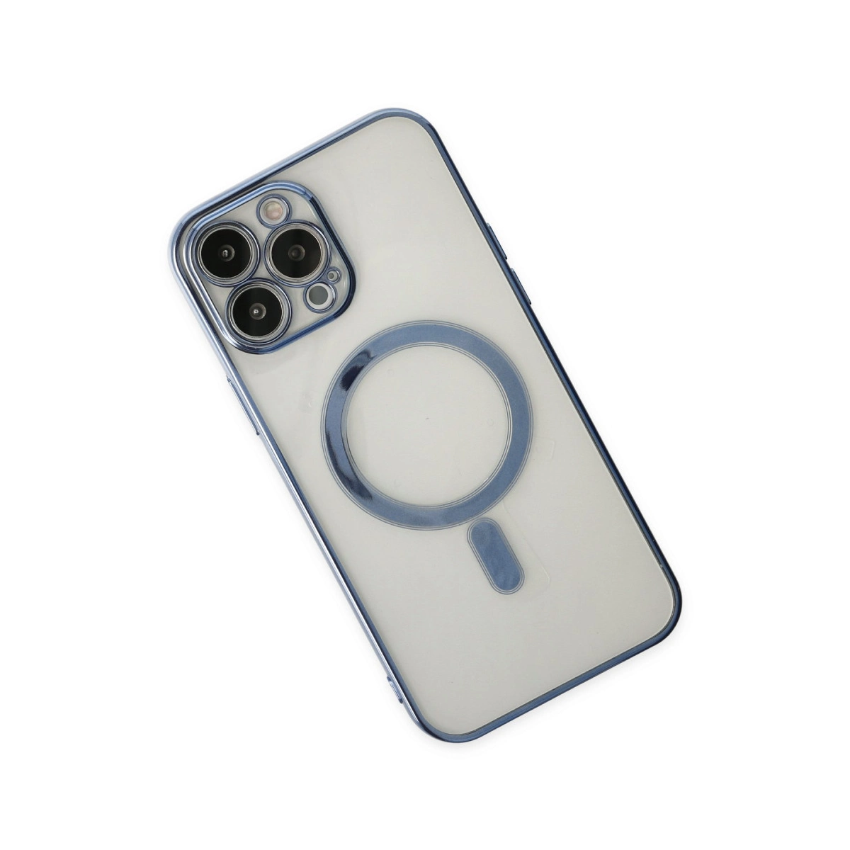 Mavi kenarlı ve kamera modüllü şeffaf telefon kılıfı.