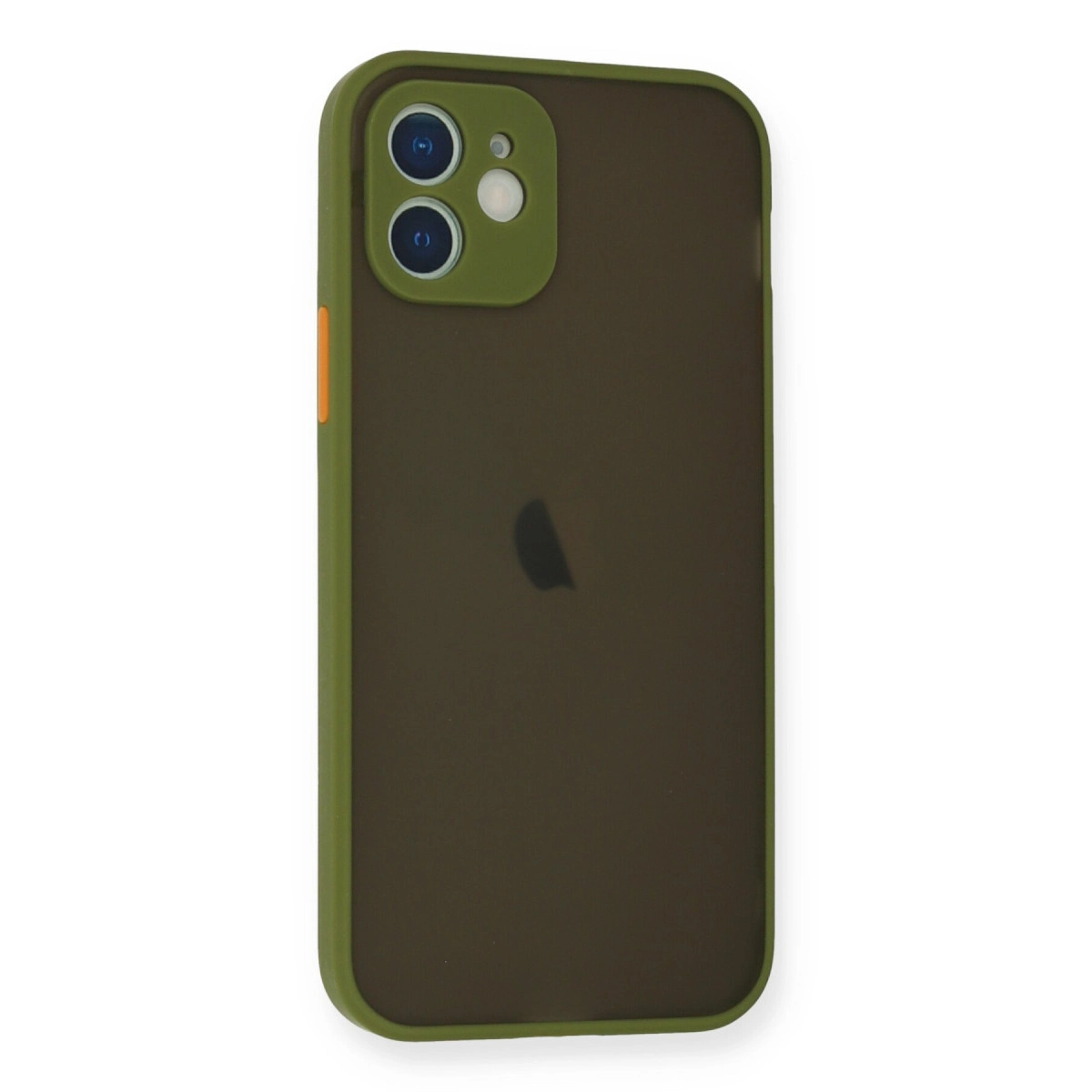 Yeşil kenarlı, koyu kahverengi telefon kılıfı ve kamera açıklığı.