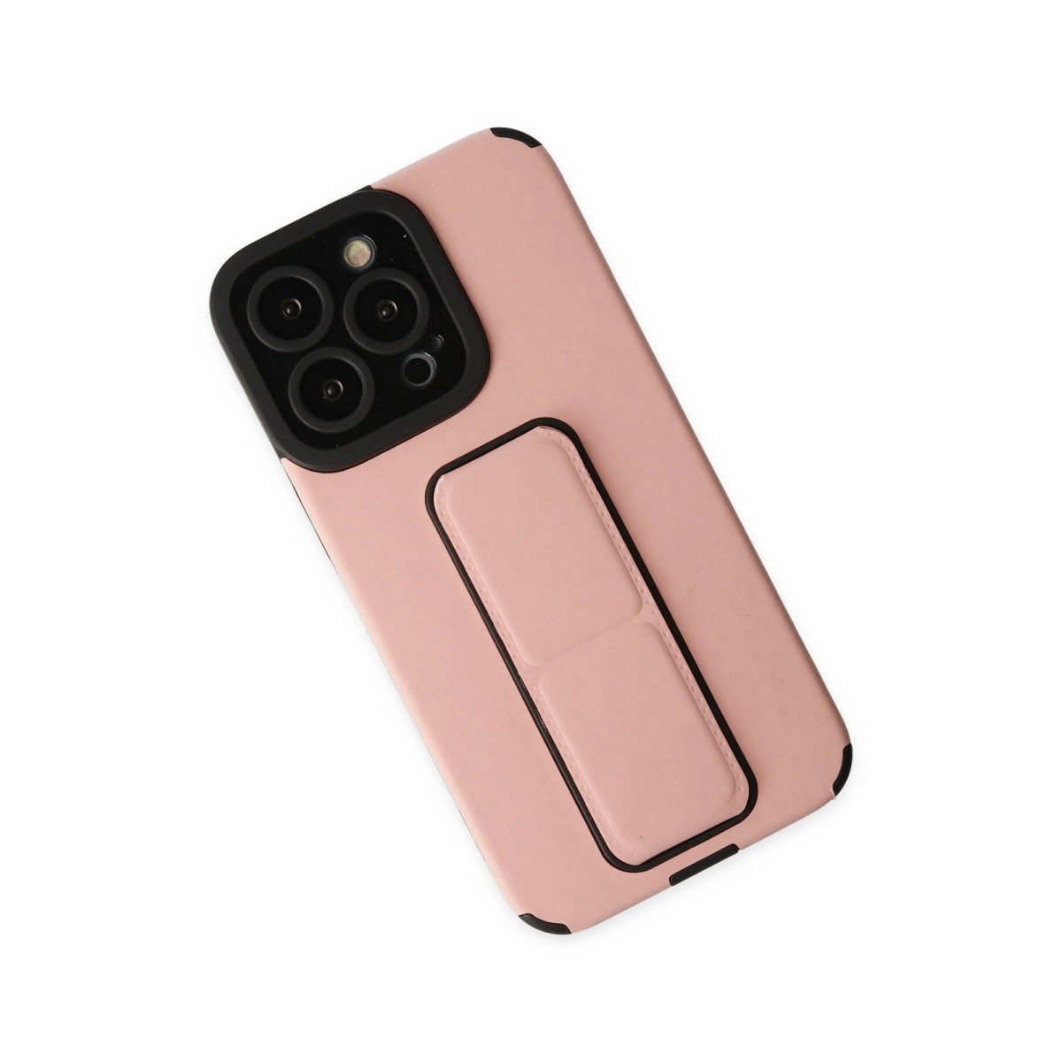 Siyah kamera modülü ve tutma yeri olan pembe telefon kılıfı.