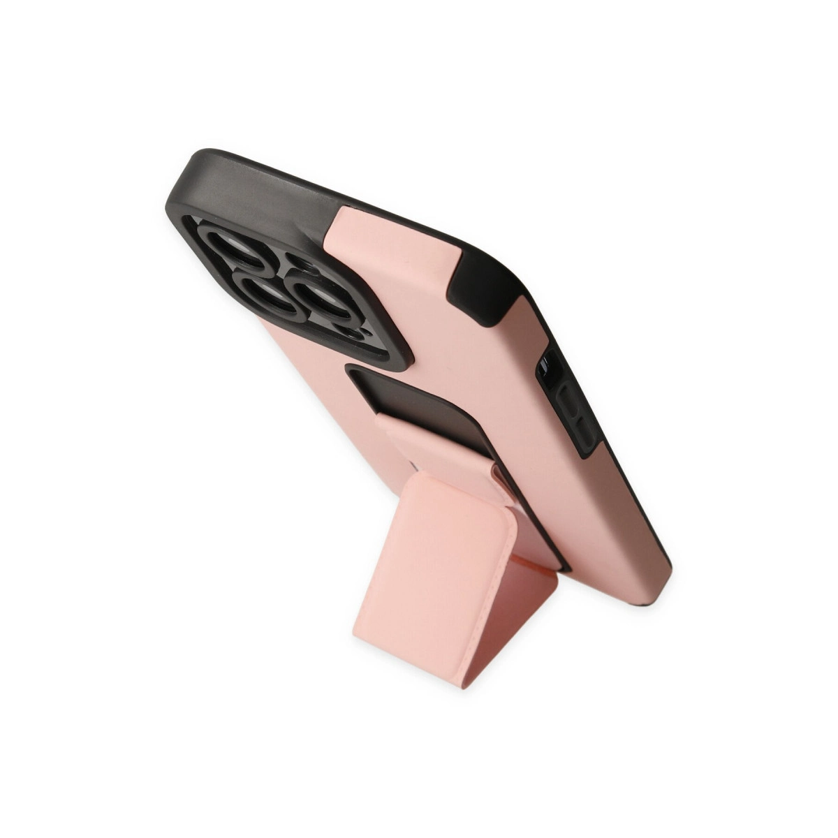 Pembe telefon kılıfı stantlı, beyaz zeminde.