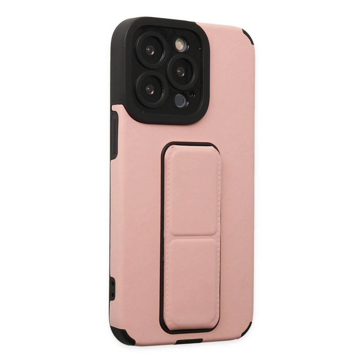 Siyah kamera modülü ve tutma yeri olan pembe telefon kılıfı.