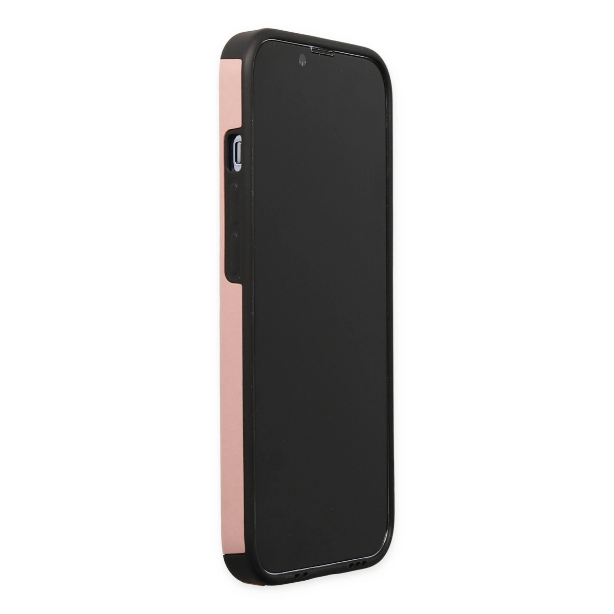 Yan taraftan gösterilen siyah ekranlı, rose gold iPhone kılıfı.