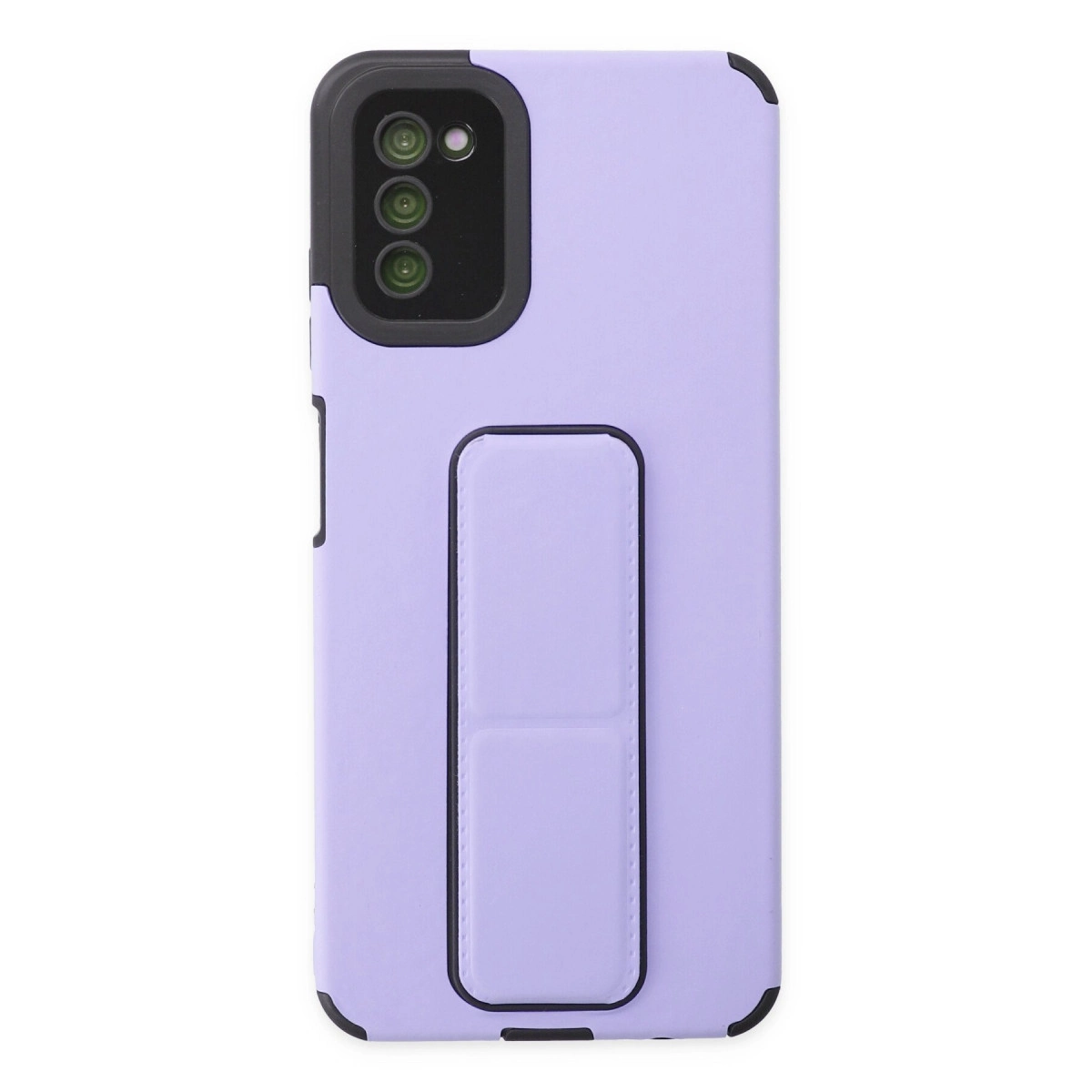 Üç kamera lensli, mor renkli telefon kılıfı.