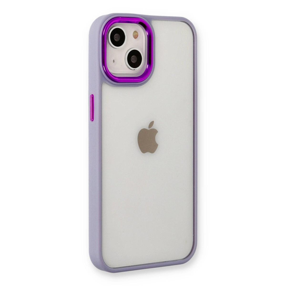 iPhone için şeffaf arka kapaklı mor kılıf, kamera ve Apple logosu görünüyor.