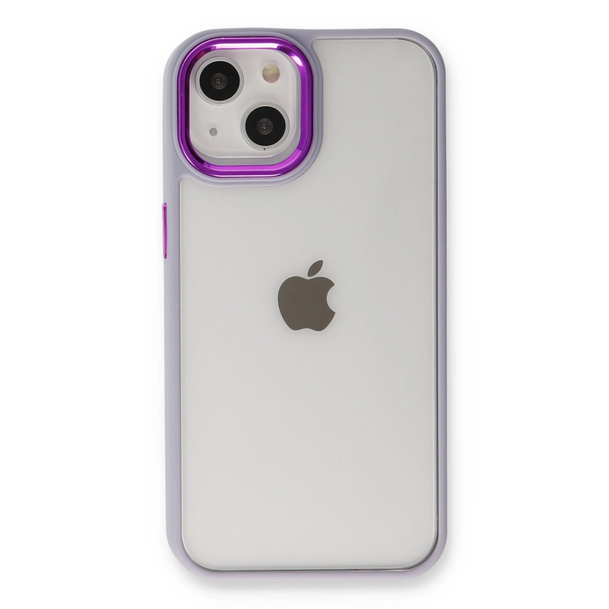 Şeffaf arkalı ve Apple logolu mor iPhone kılıfı.