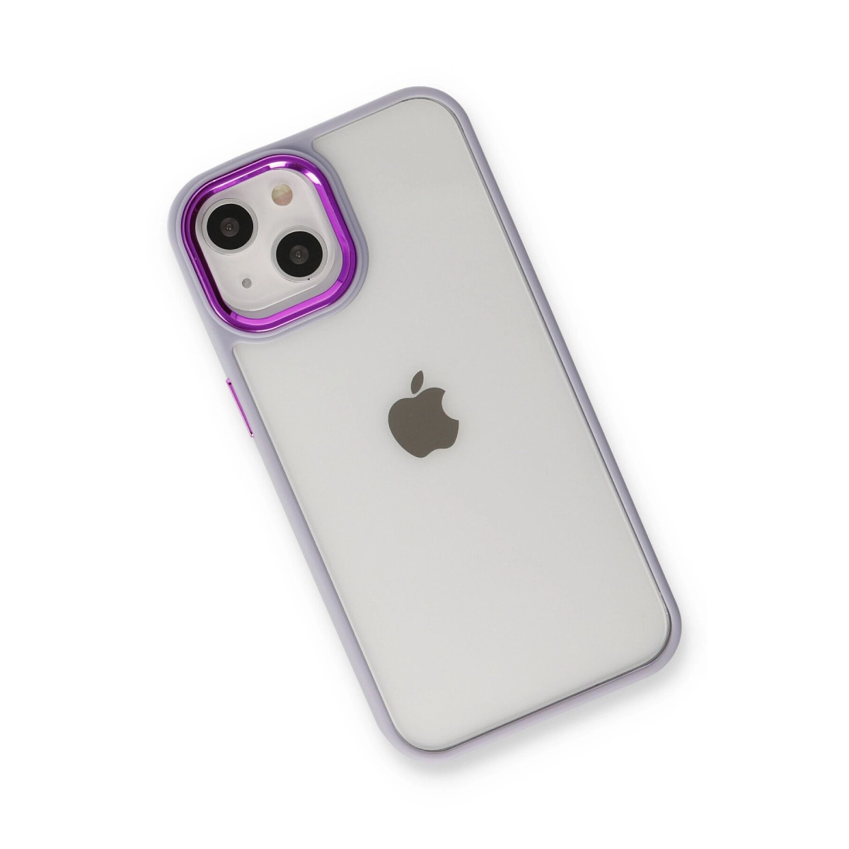 Mor iPhone kılıfı, şeffaf arkası ve kameraları beyaz arka planda.