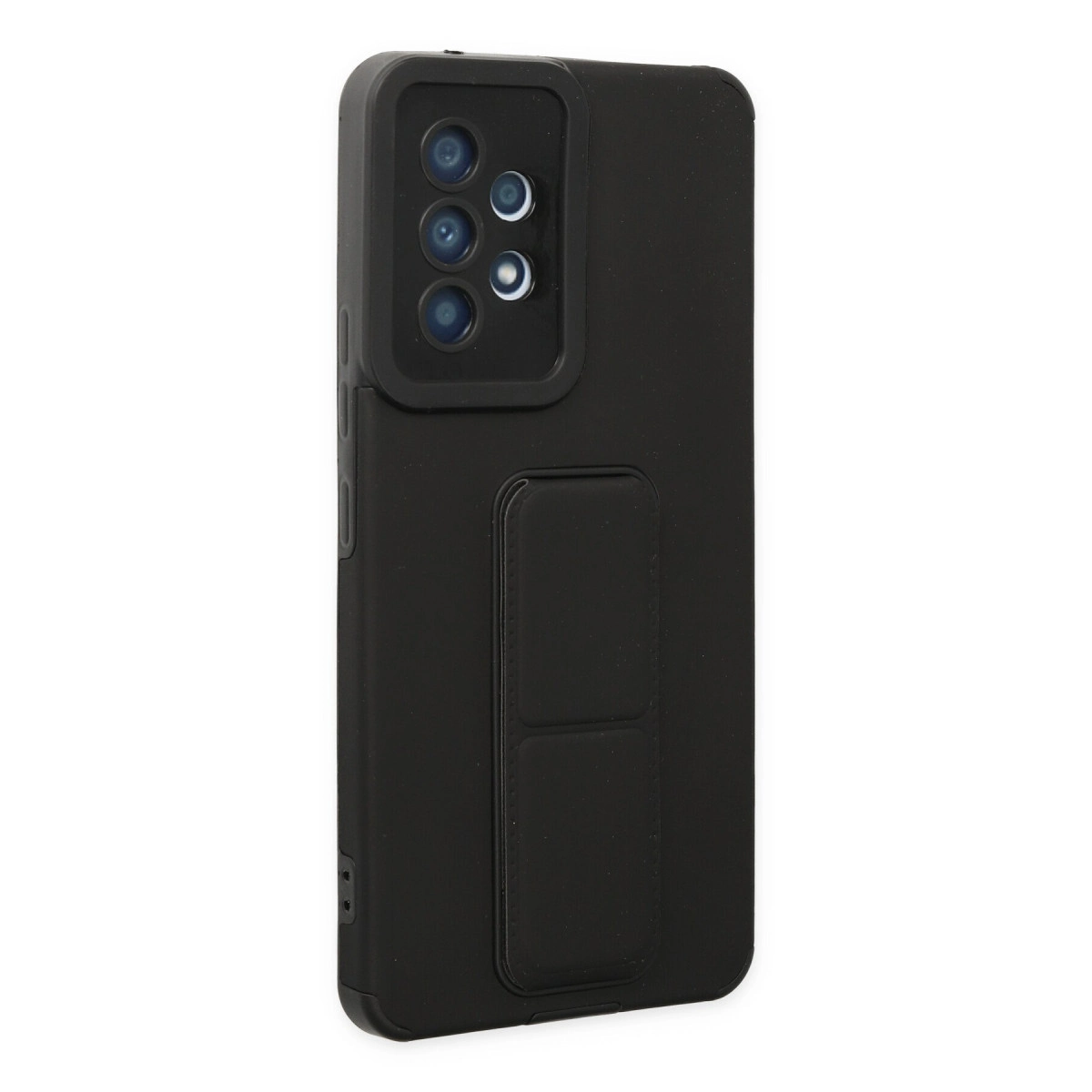 Üç kameralı ve entegre stantlı siyah telefon kılıfı.