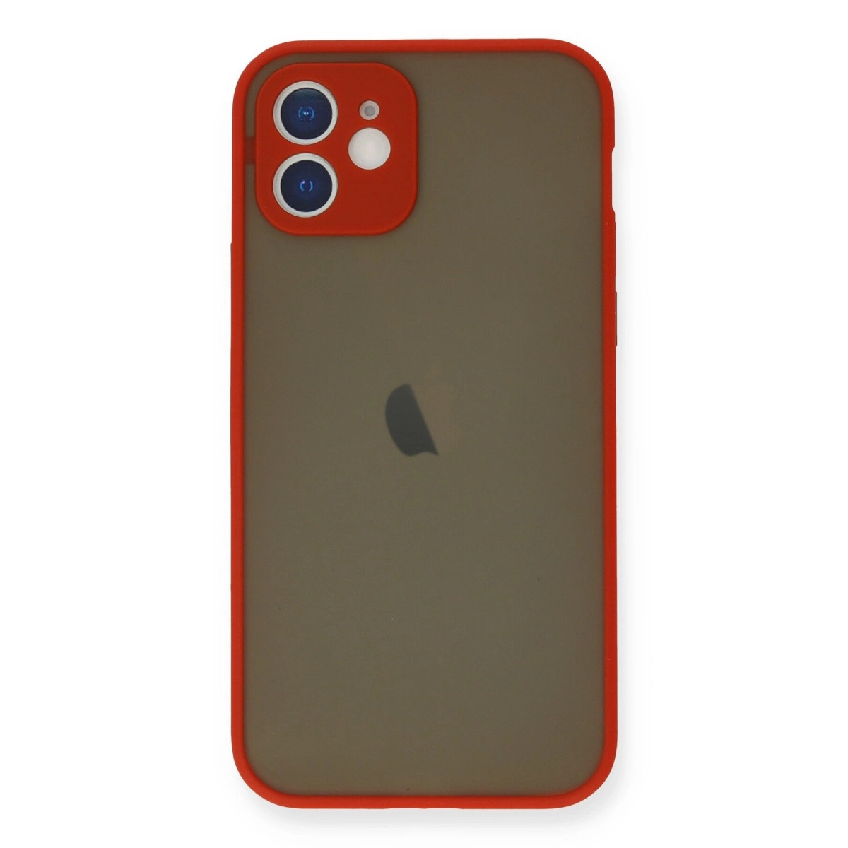 İki kameralı ve elma logolu kırmızı iPhone kılıfı.