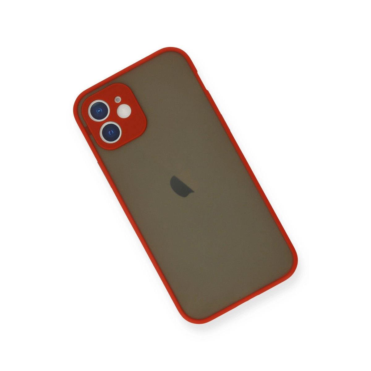 Kırmızı kenarlı ve kamera yuvalı koyu gri iPhone kılıfı.