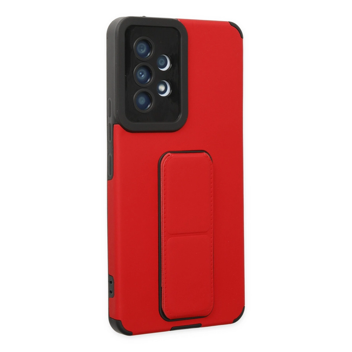 Entegre tutamaklı, siyah kamera yuvalı kırmızı telefon kılıfı.