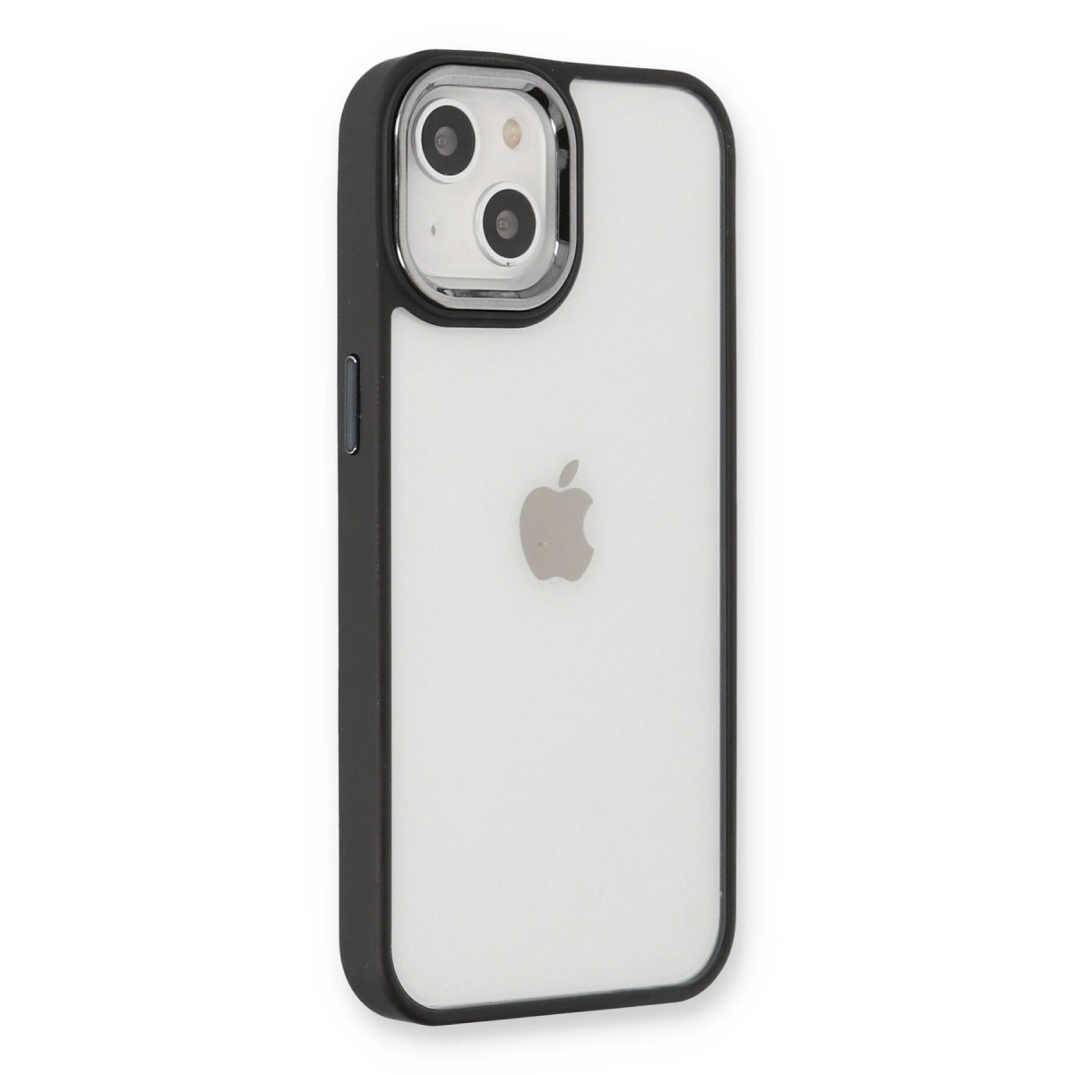 Siyah kenarlı ve iki kameralı şeffaf iPhone kılıfı.