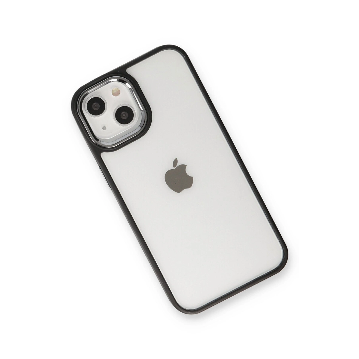 Siyah çerçeveli, çift lensli şeffaf iPhone kılıfı.