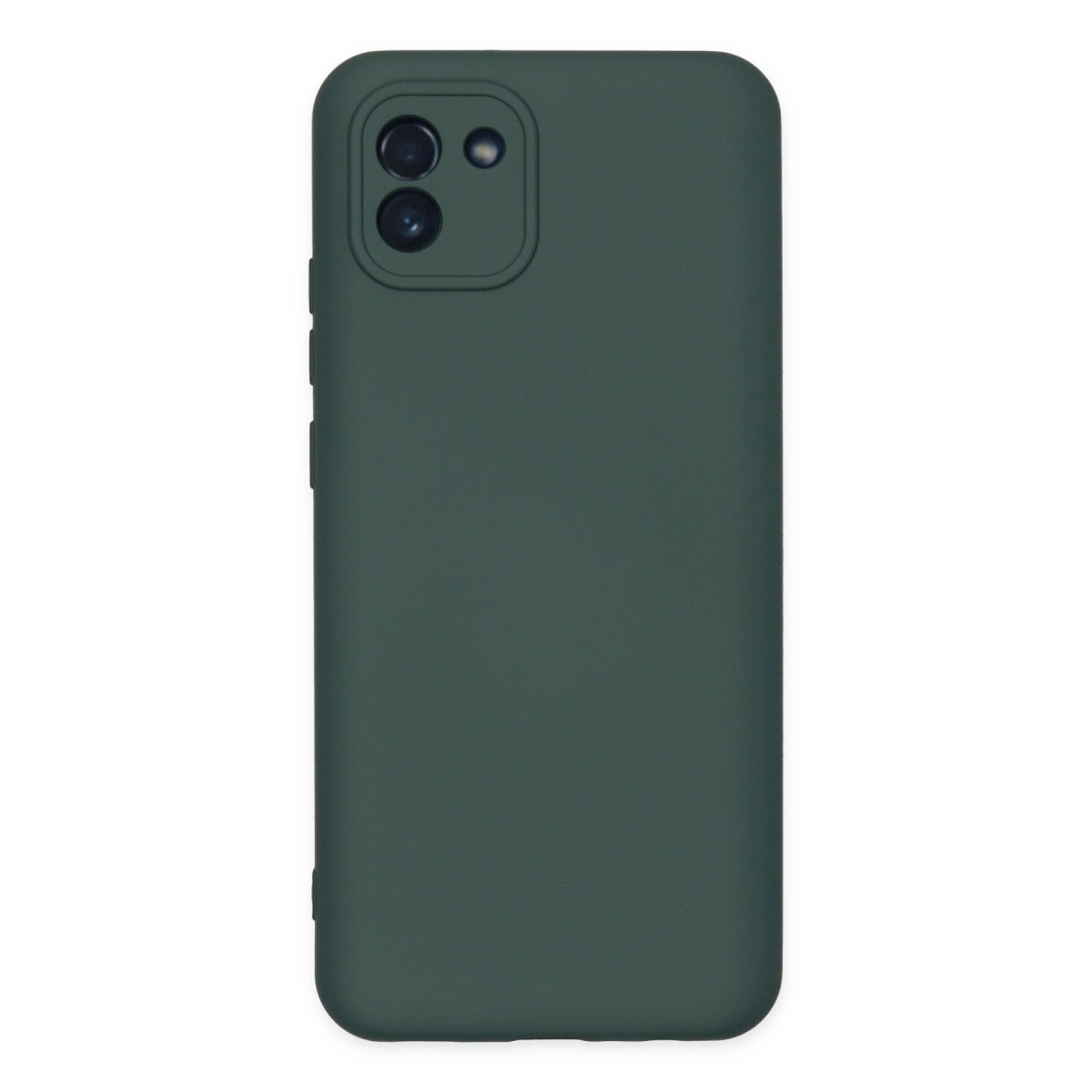 Koyu yeşil telefon kılıfı, arkada üçlü kamera modülü.