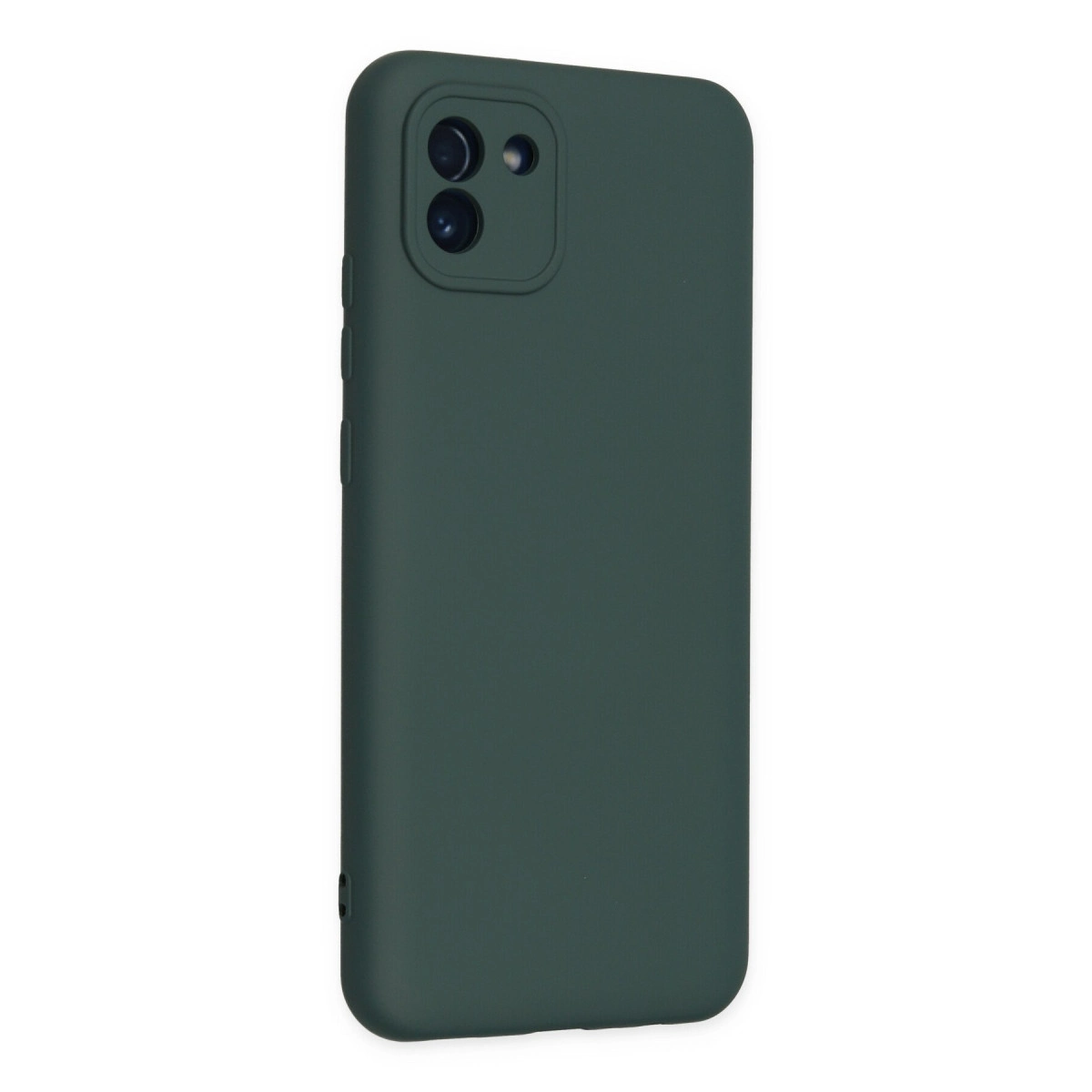 Arkada kamera kesimi olan koyu yeşil telefon kılıfı.