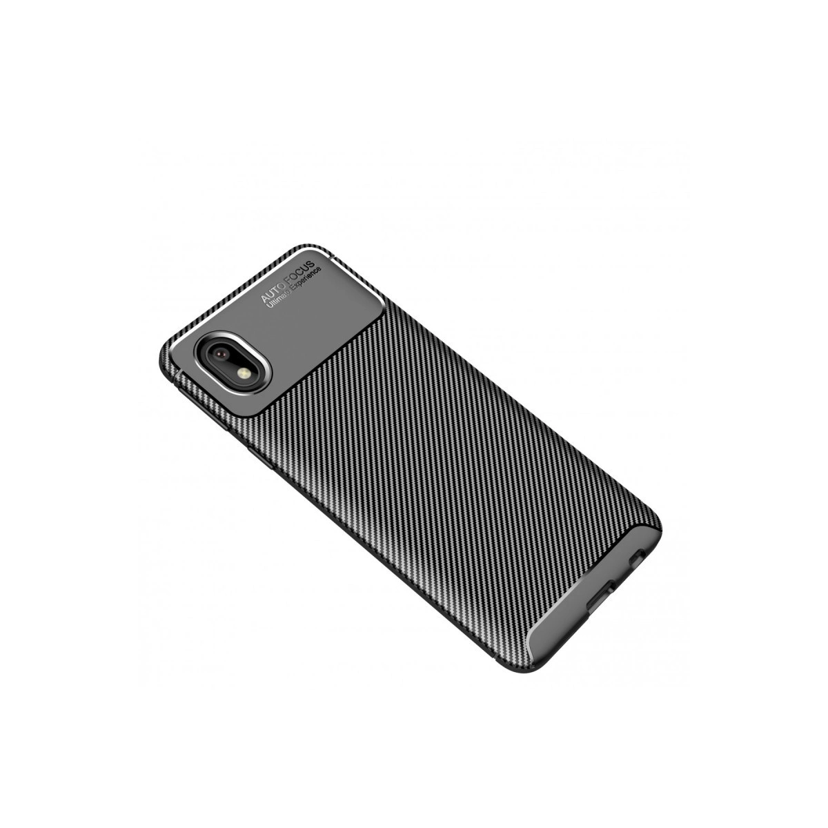 Karbon fiber desenli ve kamera kesimli siyah telefon kılıfı.