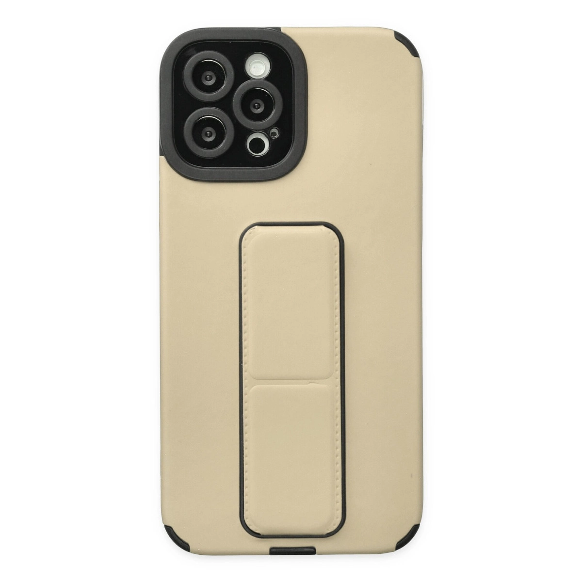 Entegre stantlı, siyah kamera çerçeveli bej telefon kılıfı.