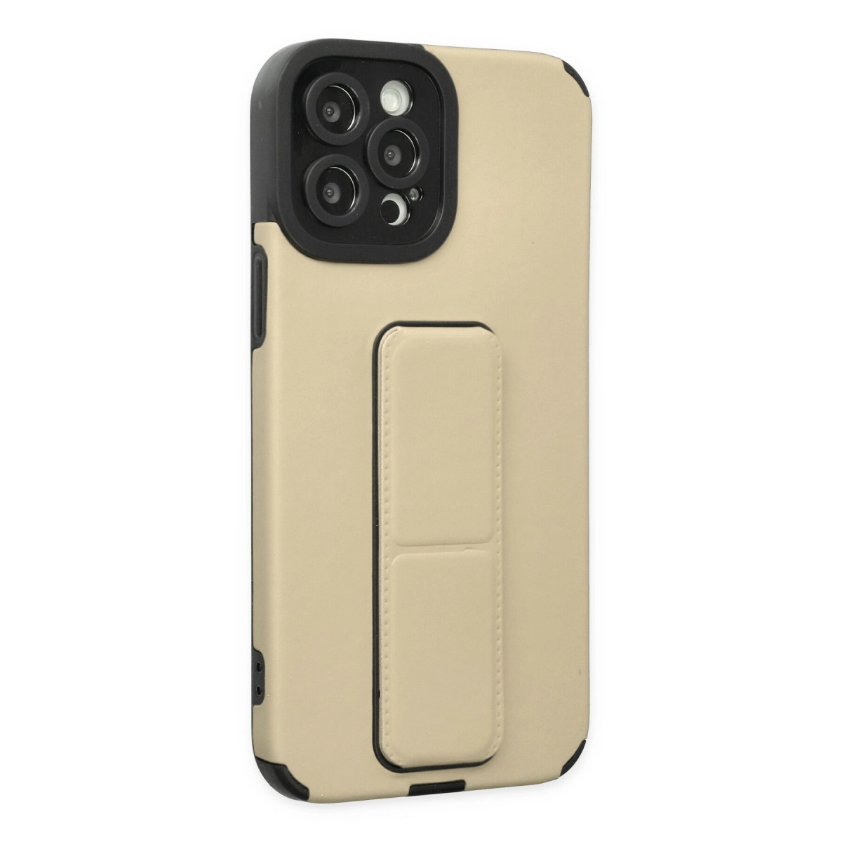 Entegre stantlı, siyah kamera modüllü bej telefon kılıfı.