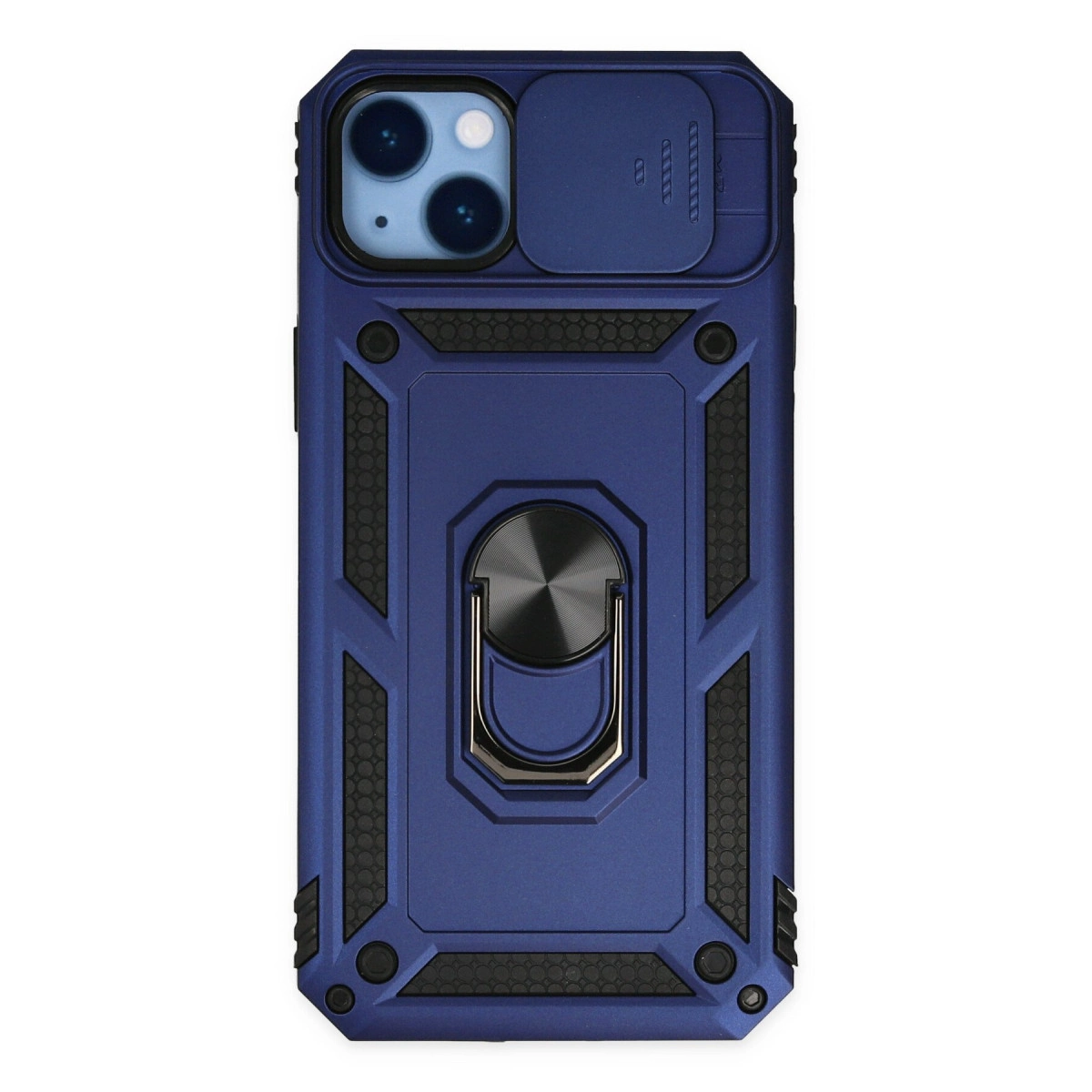 Halka tutuculu ve lens kapaklı mavi telefon kılıfı.