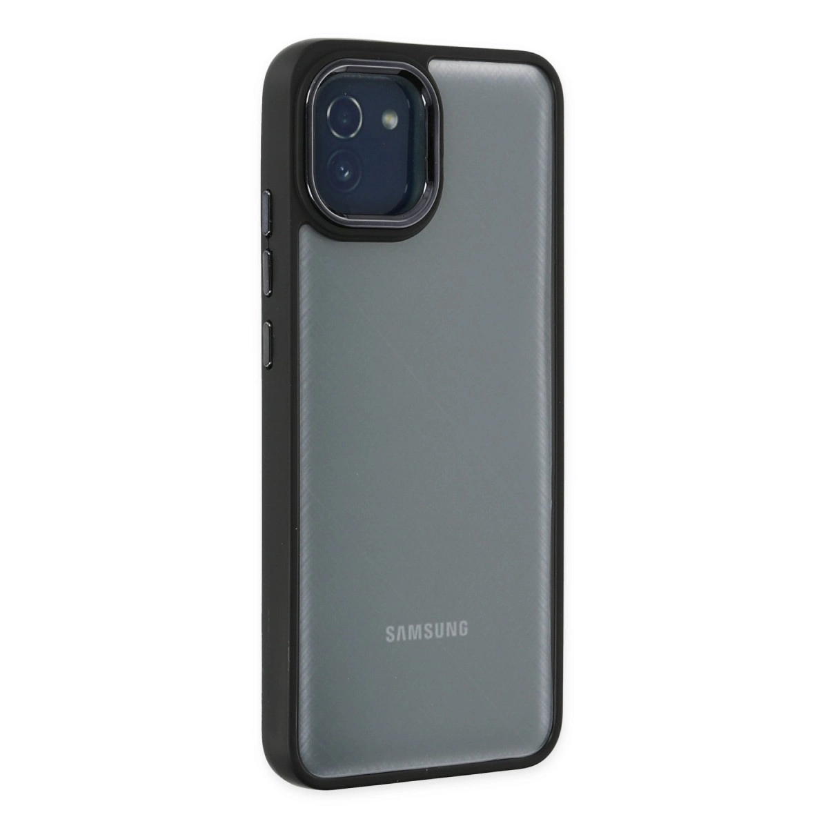 Siyah çerçeveli ve kamera kesimli gri telefon kılıfı.