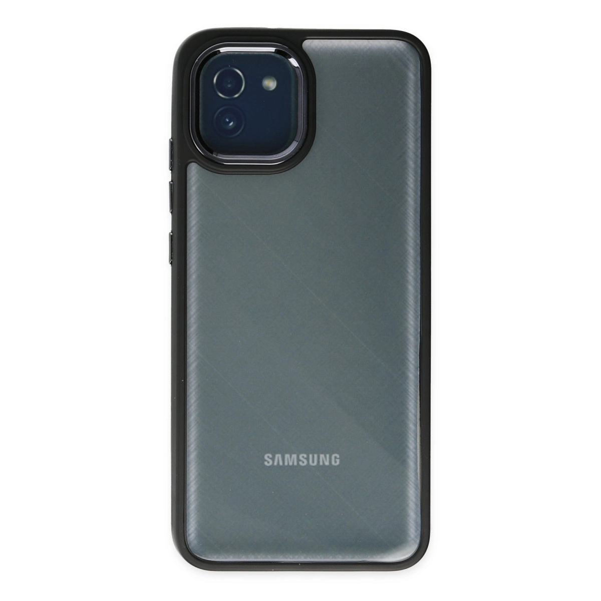 İki kameralı gri Samsung telefonun arkası, Samsung logosu mevcut.