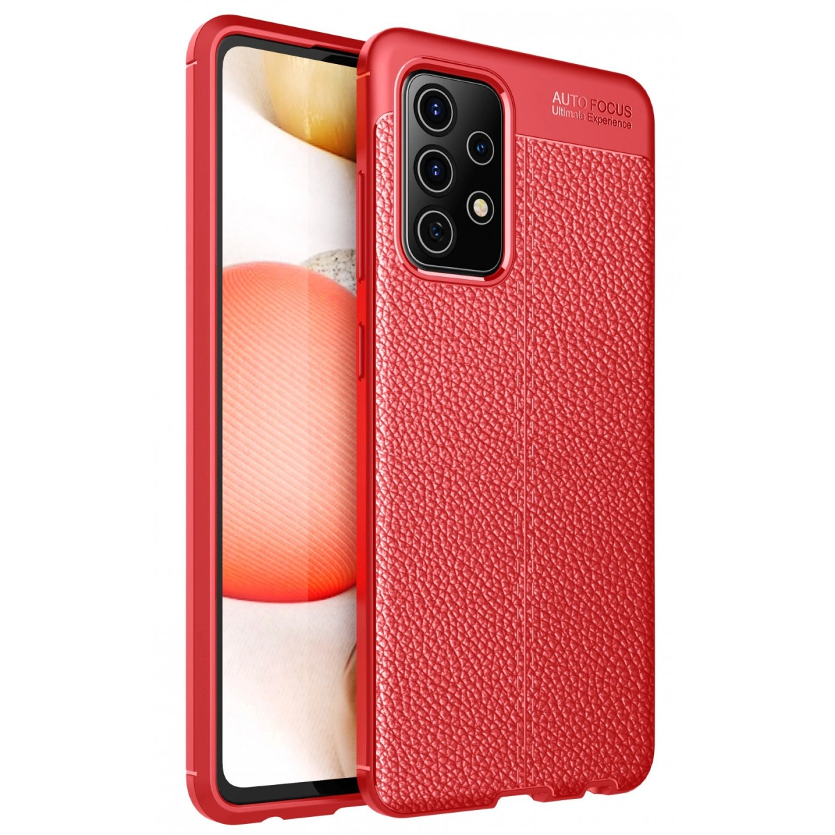 Doku kaplı arka ve kamera modülüne sahip kırmızı telefon kılıfı.