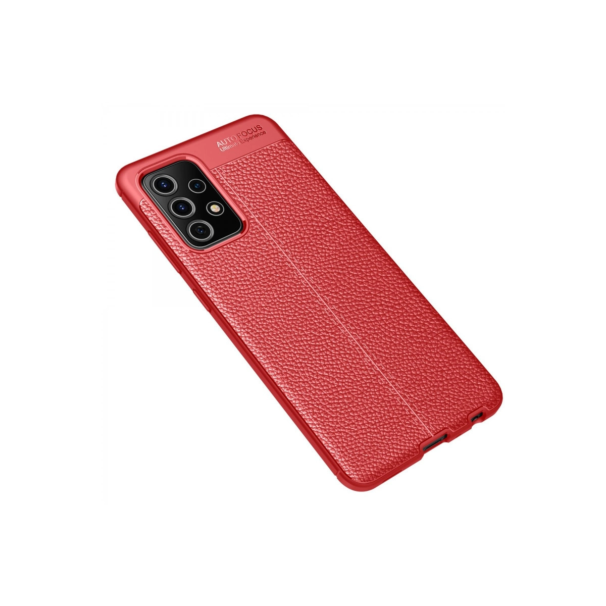 Kamera modülü detaylı, kırmızı dokulu telefon kılıfı.