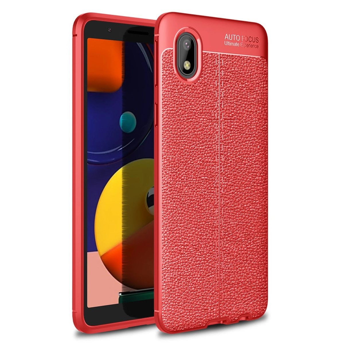 Soyut arka plana karşı dokulu arkası ve kamerası olan kırmızı telefon.