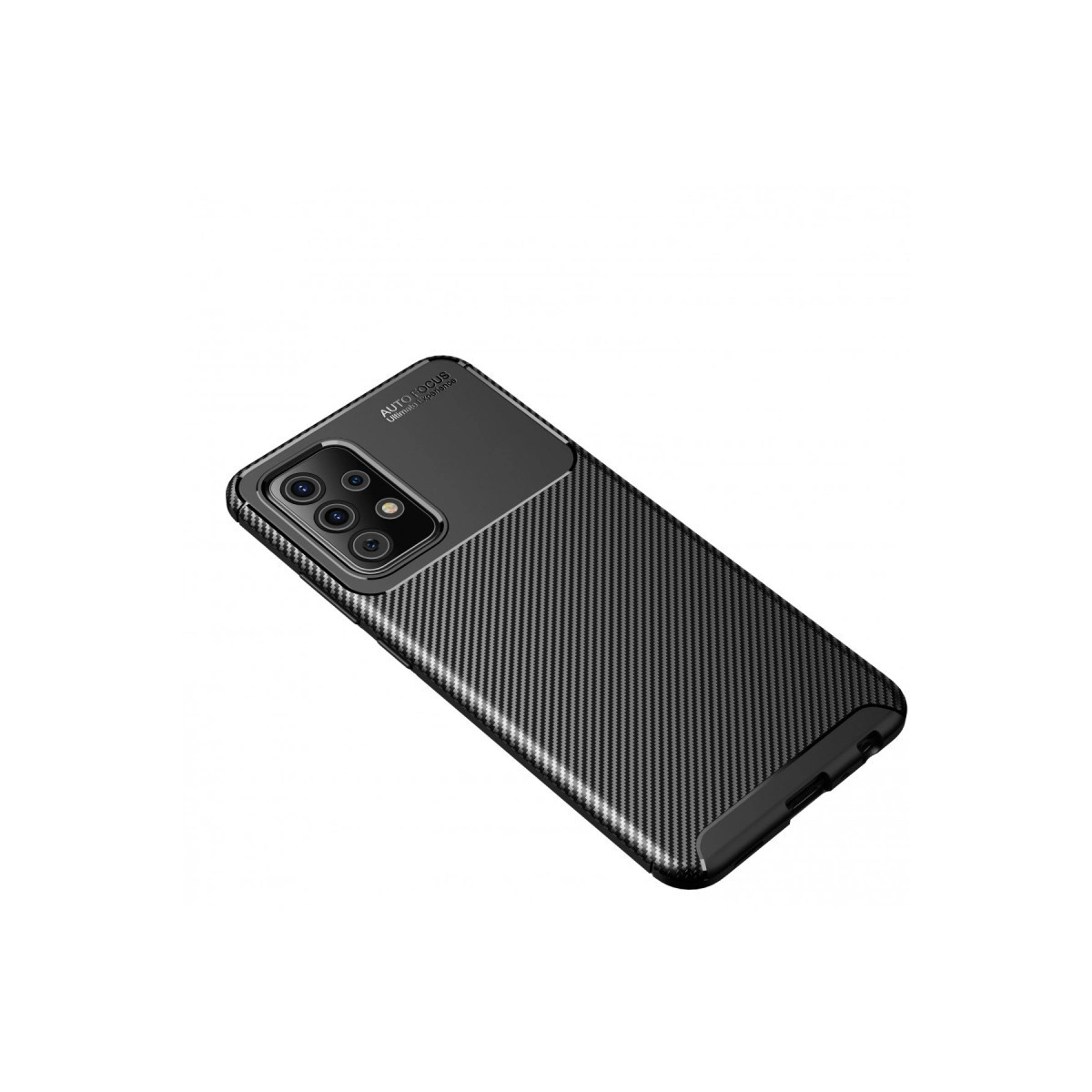 Karbon fiber dokulu siyah telefon kılıfı ve dört kamera lensi.