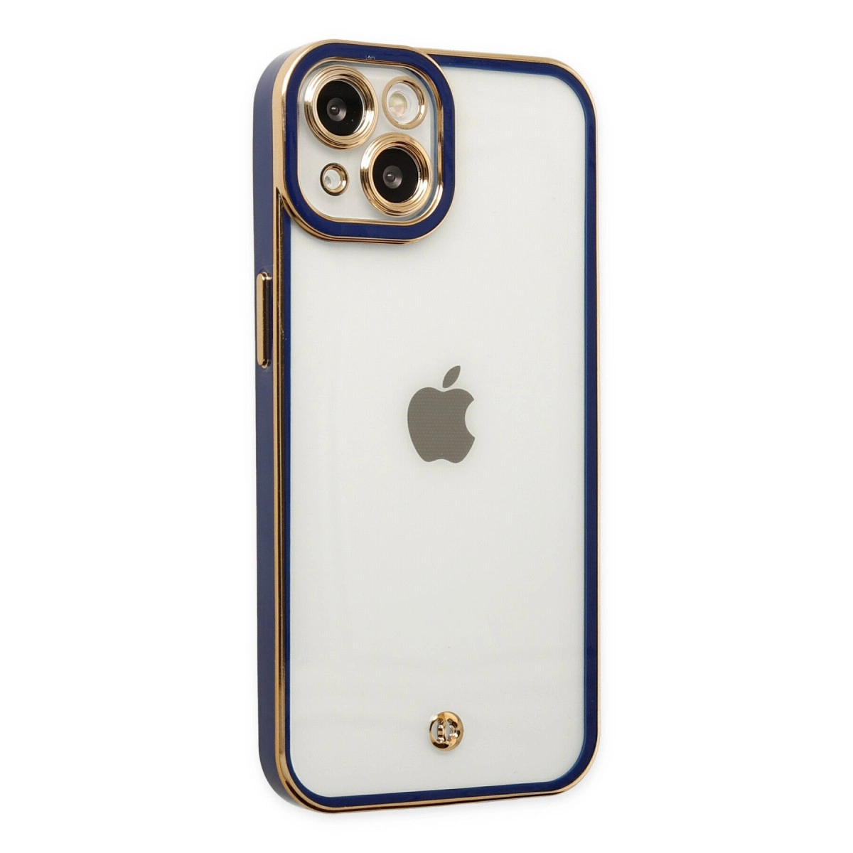 Mavi ve altın çerçeveli beyaz iPhone. Arka tarafı şeffaftır.