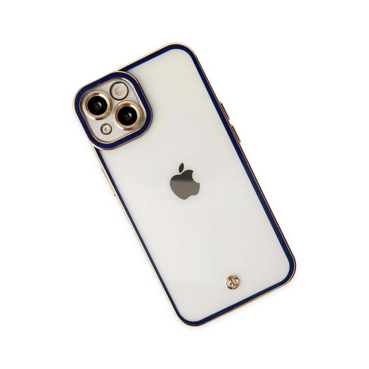 Arkadan gösterilen mavi ve altın kapaklı beyaz iPhone.
